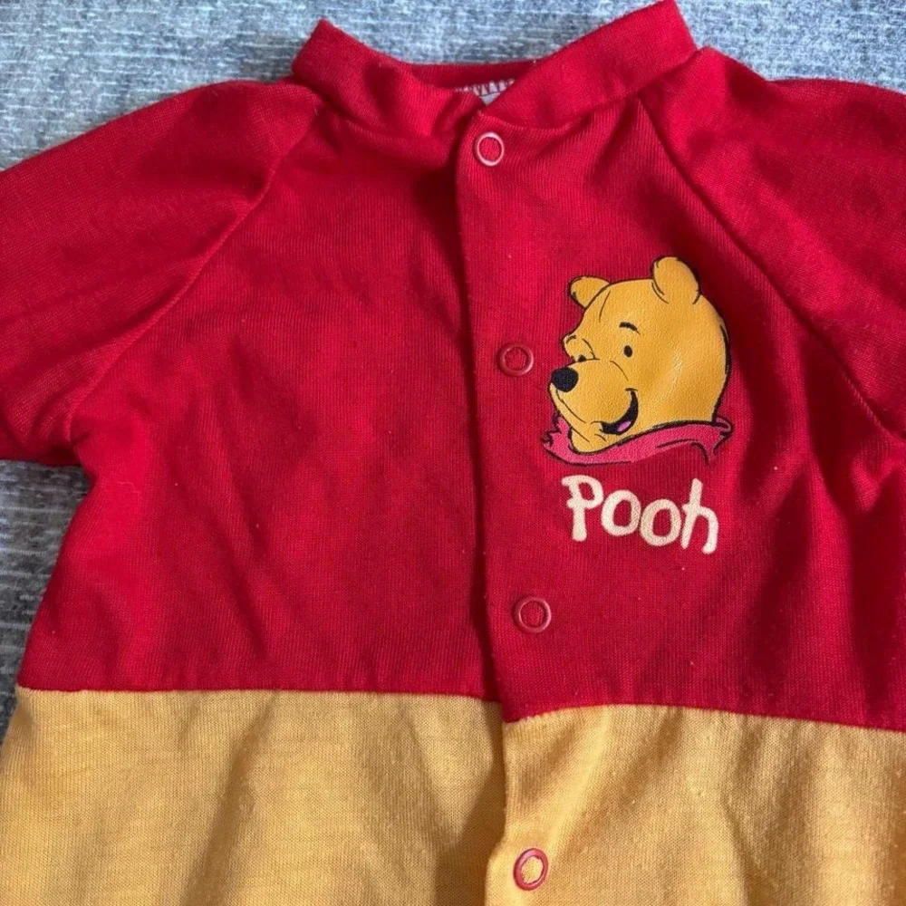 Vintage Winnie‎ The Pooh Baby footie Red Yellow Colorblock Button up